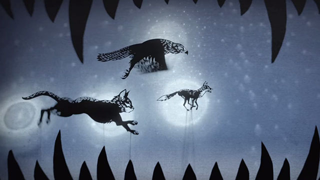 Watership Down - shadow puppet cat hawk and fox running