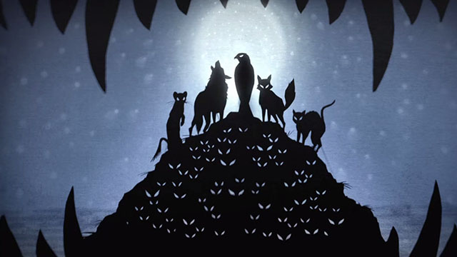 Watership Down - shadow puppet cat and other predators on hill