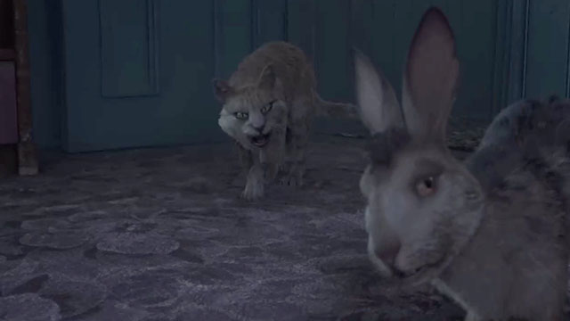 Watership Down - computer animated tabby cat Puss approaching rabbit Bigwig