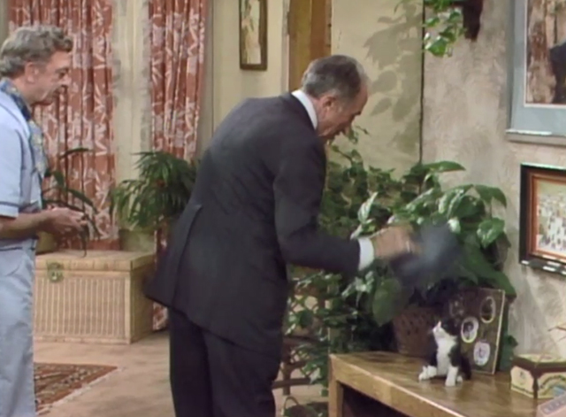 Three's Company - Look What I Found - Mr. Williams George Petrie lifting up hat to reveal tuxedo kitten with Mr. Furley Don Knotts