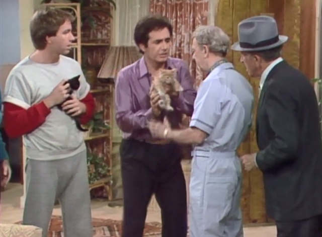 Three's Company - Look What I Found - Larry Richard Kline handing ginger tabby kitten Cuddles Patches to Mr. Furley Don Knots with Mr. Williams George Petrie and Jack John Ritter